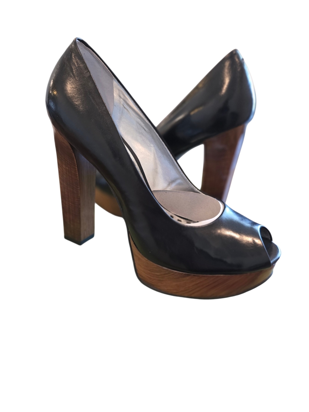 Gianni Bini Y2K Platform Peep Toe Heels Wood Block Black Size 8